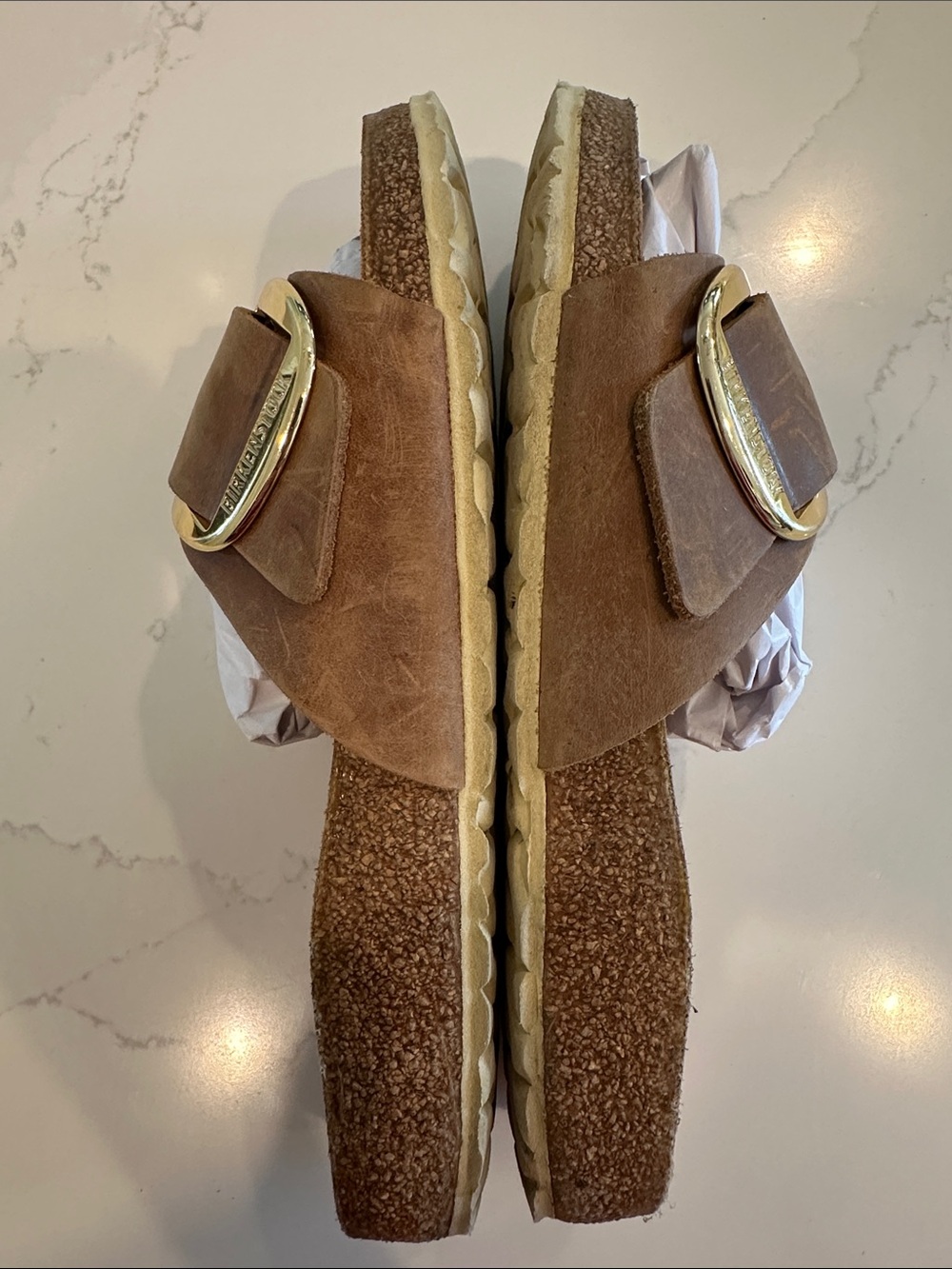 Birkenstock Madrid Big Buckle Cognac Gold Slide Sandals Leather 40 Narrow - Picture 6 of 10